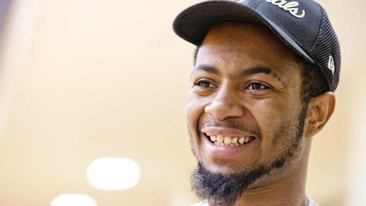 Devon Gales cracks a smile while discussing his physical therapy recovery at the Shepherd Center.