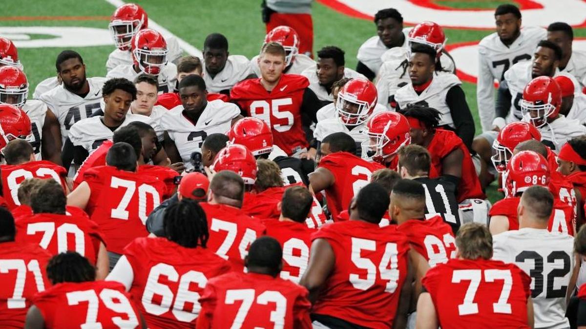 Georgia players gather during practice Saturday, Jan. 6, 2018, in Athens. Ga. The Bulldogs face Alabama in the national championship on Monday in Atlanta.