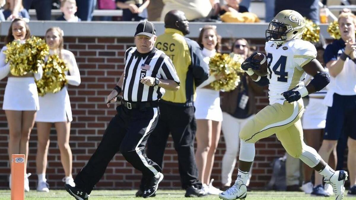Georgia Tech running back Marcus Marshall finishes off a 58-yard touchdown run against Pittsburgh during the first half Oct. 17, 2015, in Atlanta. Pittsburgh won the game 31-28.