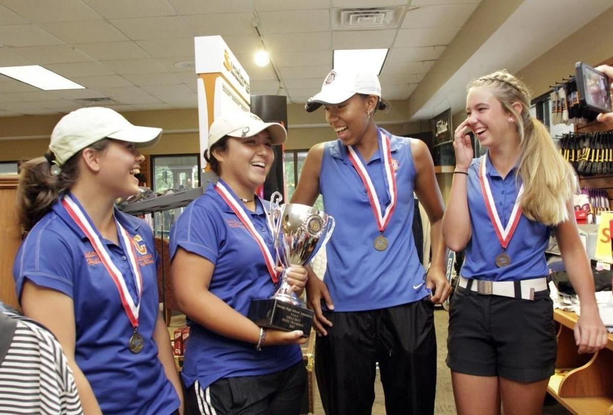 The Columbus High Lady Blue Devils won the GHSA Class 4A state golf championship in rain-shortened tournament at Maple Ridge Golf Course. From left: Ashton Hill, Mary Catherine McDaniel, Faith Scott and Maddy Krueger.