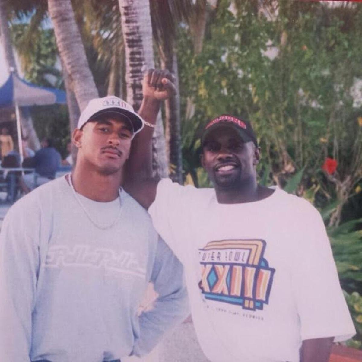 Gary Downs (left) and Randy Fuller (right) pose days before they played for the Atlanta Falcons in Super Bowl XXXIII