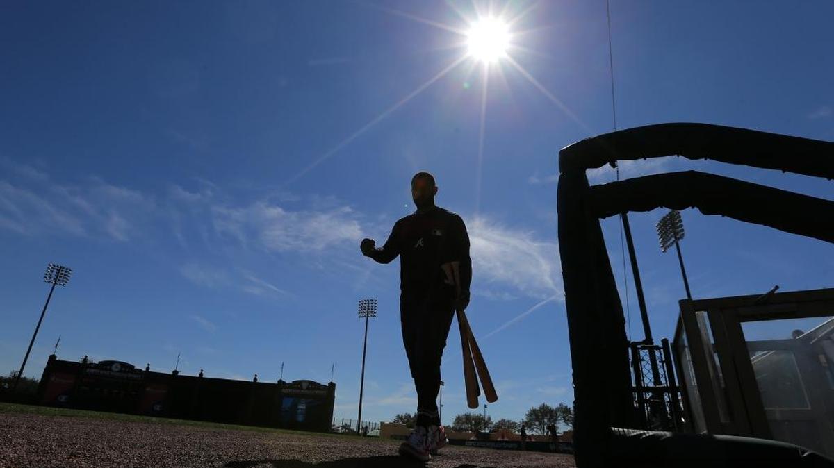 Atlanta Braves outfielder Matt Kemp walks back to the dugout after getting in some batting practice during spring training at Champion Stadium on Friday in Lake Buena Vista, Fla.