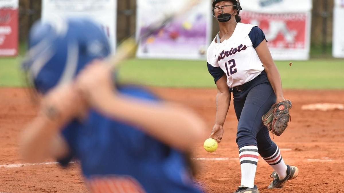 Northside’s Hannah George throws a strike against Columbus’ Emily Davis in the second inning of Region 1-4A tournament play Friday afternoon, October 6, 2017