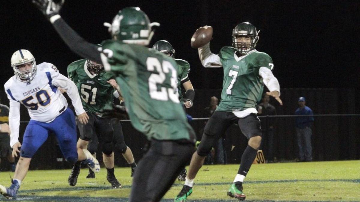 Calvary Christian quarterback Kasen Andrews throws to running back Jacob Edwards against Creekside Christian Academy in quarterfinal play Friday, November 10, 2017.