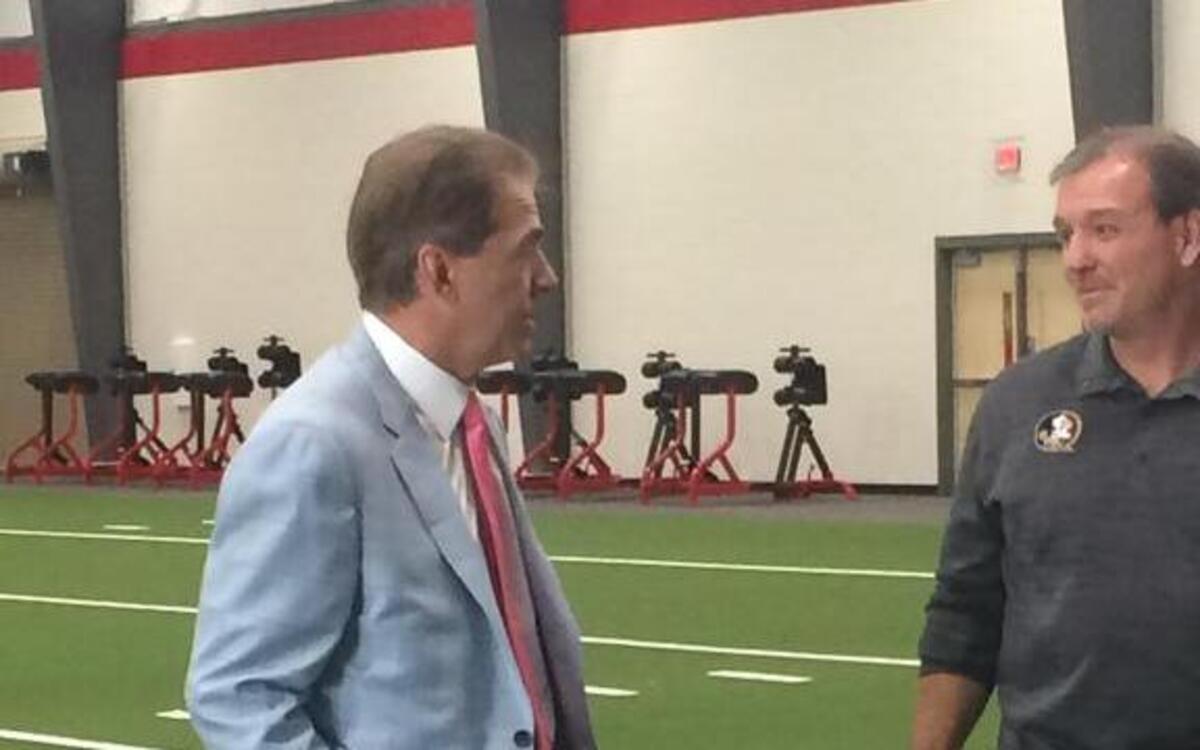 Alabama head football coach Nick Saban, left, and Florida State head coach Jimbo Fisher