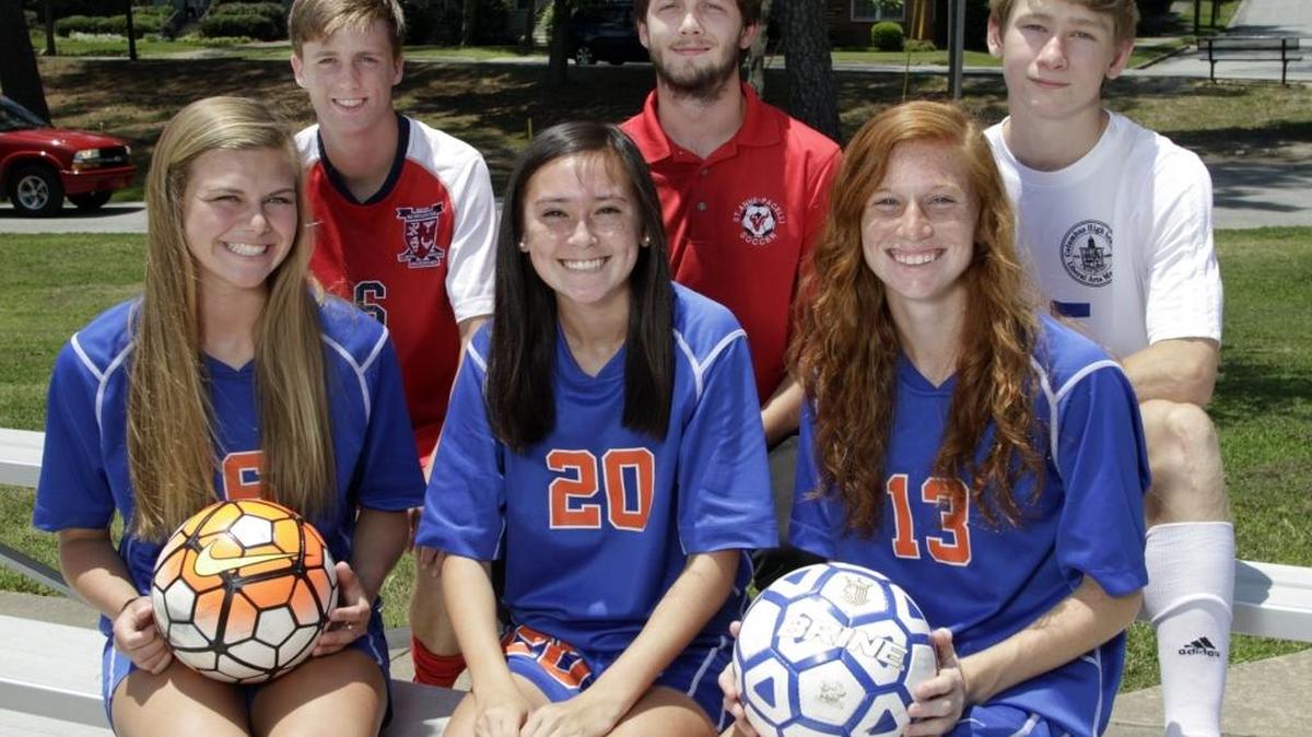All-Bi-City soccer award winners are, top from left: T.J. Fick and coach Nick Fusco of St. Anne-Pacelli, and William Fuller of Columbus High. Front, from left: Gigi Schorr, Kimberly May and Madeline Goodfellow of Columbus High. (Not pictured is Columbus coach Rusty Oliver.)