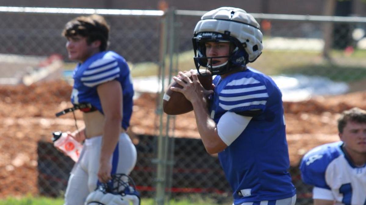 Brookstone quarterback Russell Blanchard drops back to pass in practice. Coach Scott Pethtel said the junior has been much more consistent with his reads early on this year.