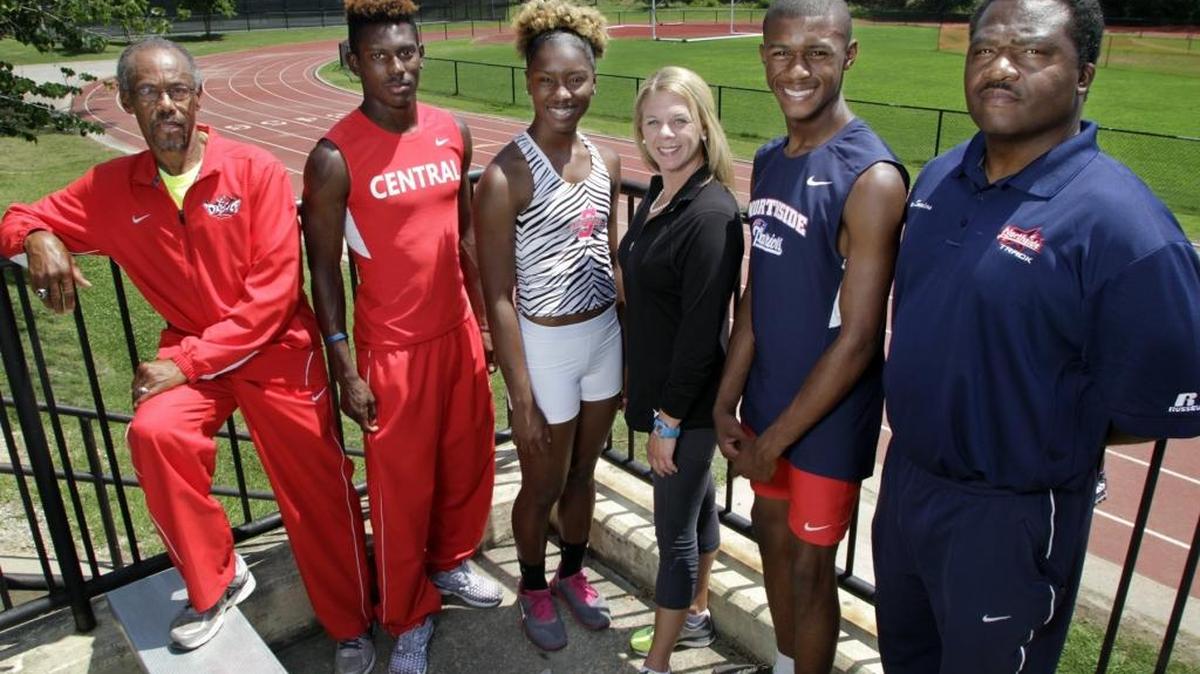 All-Bi-City track award winners, from left: Central’s Charles Fortune and Karon Delince; Smiths Station’s Alonie Sutton and Cassidy Stencenko and Northside’s Jonathan Myrthil and Joe Sanders.