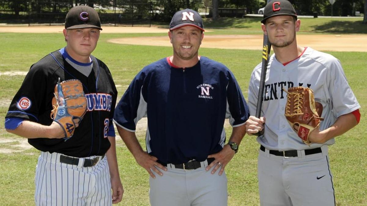The 2016 All-Bi-City baseball award winners are, from left, Columbus’ Cason Greathouse, pitcher of the year; Northside’s Dee Miller, coach of the year; and Central’s Tanner Belcher, player of the year.