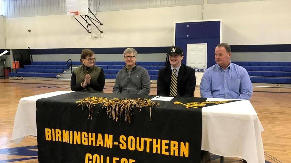 Lakeside School senior Reid Potthoff, second from right, signed Tuesday to play baseball at Birmingham-Southern. He is pictured with his mother Courtney Potthoff, from left, father Kevin Potthoff and high school coach David Heath, far right.