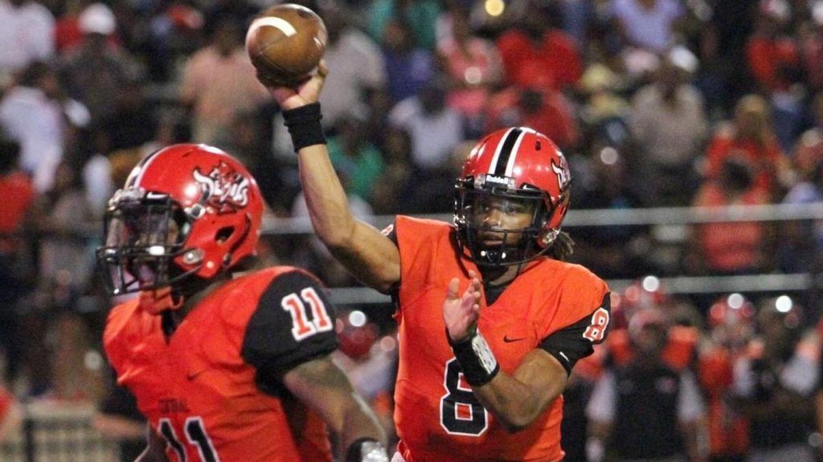 Central High quarterback Peter Parrish throws against Bob Jones of Huntsville at Garrett-Harris Stadium Friday, August 26, 2017.