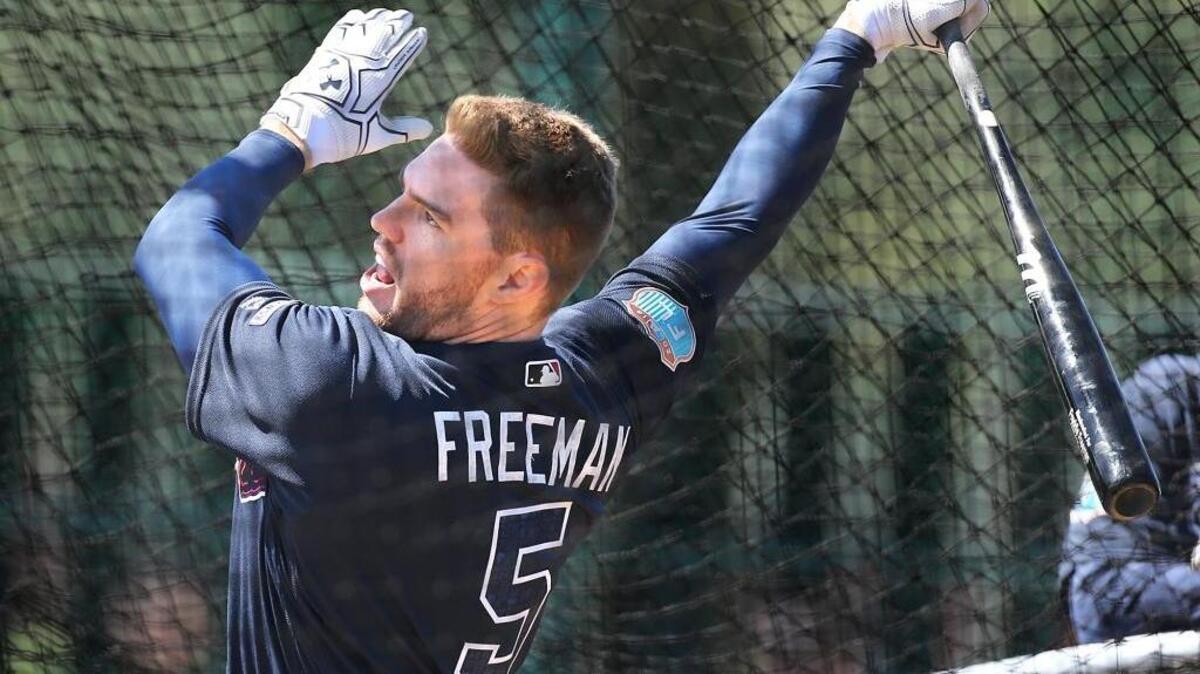 Atlanta Braves first baseman Freddie Freeman hits during batting practice at spring training baseball on Feb 26.