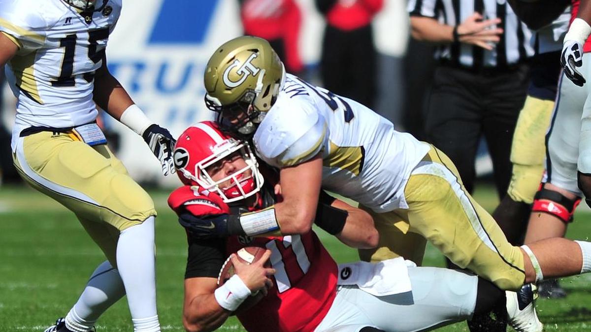 Georgia Tech defender Brant Mitchell sacks Georgia quarterback Greyson Lambert on Nov. 28, 2015 at Bobby Dodd Stadium in Atlanta.