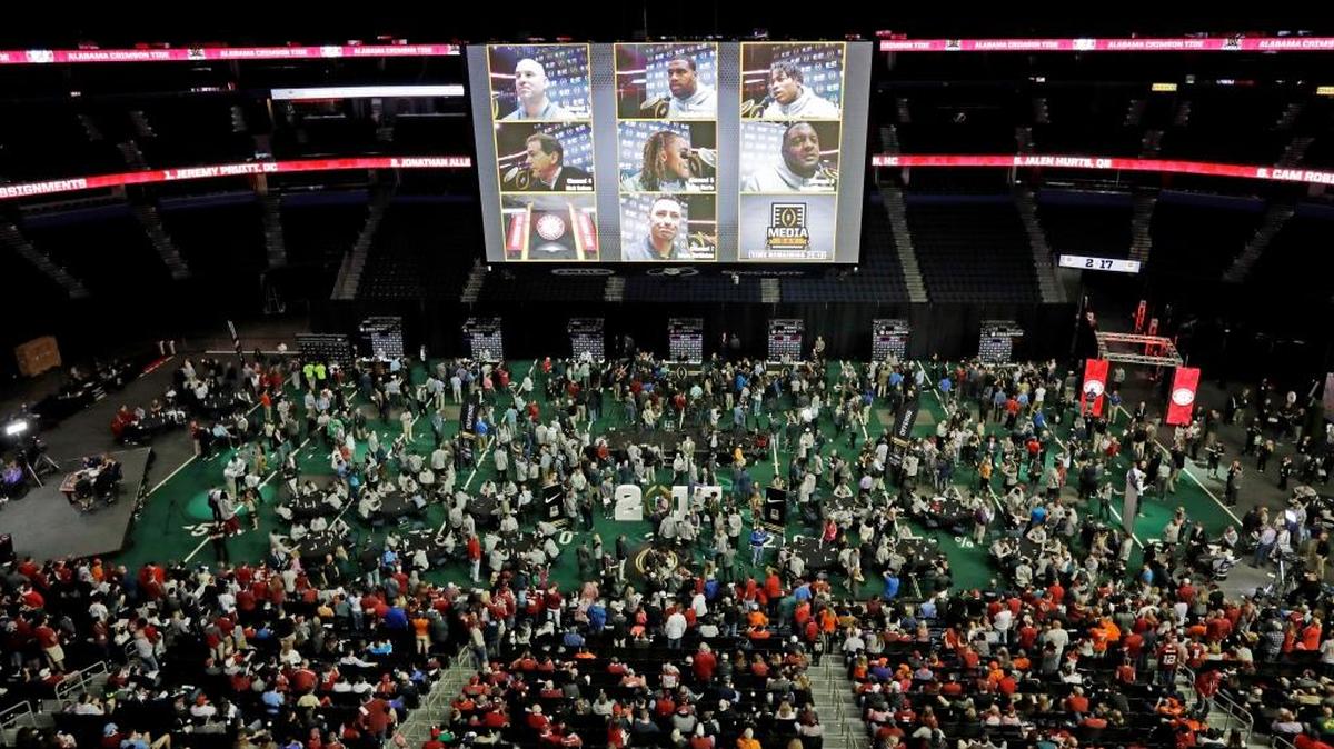 Alabama participates during Saturday’s media day for the NCAA college football playoff championship game against Clemson in Tampa, Fla.