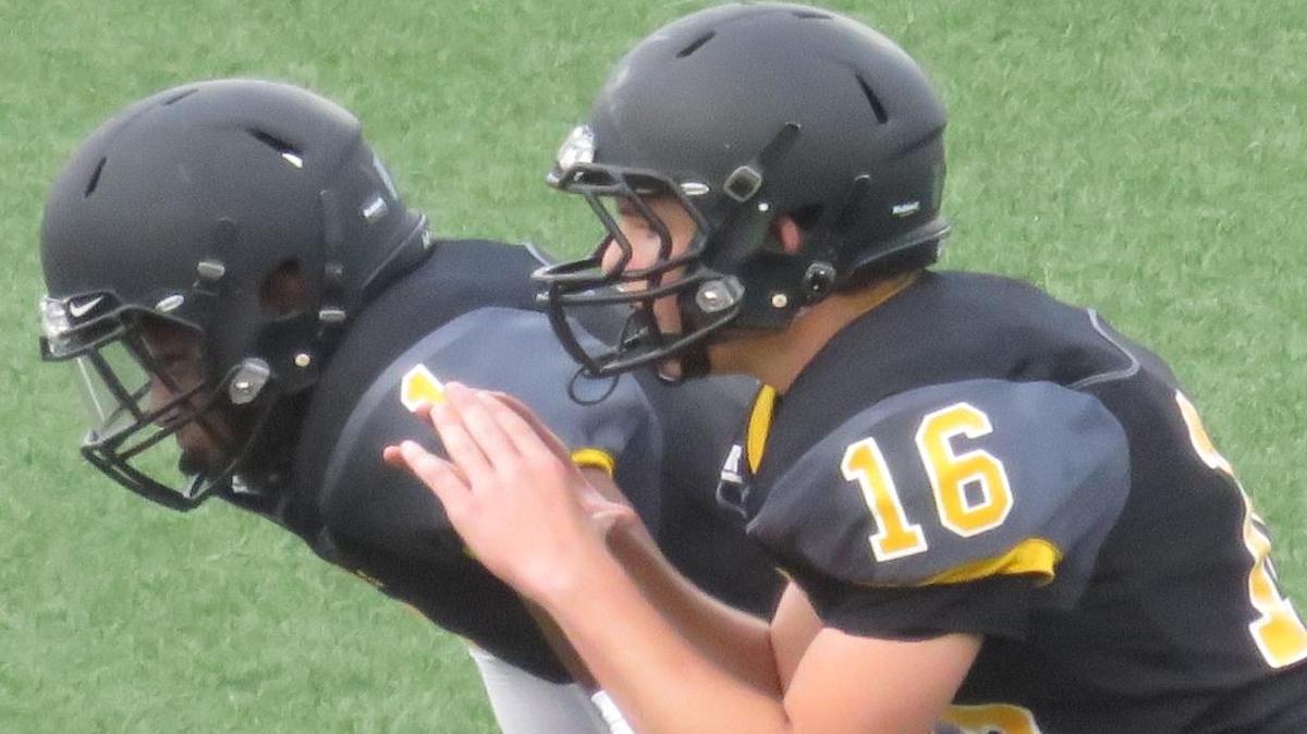 Harris County senior quarterback Seth Chapman (16) and junior running back Cal’von Harris wait in the backfield for the snap in the Tigers’ spring scrimmage against Northside on May 11, 2017.