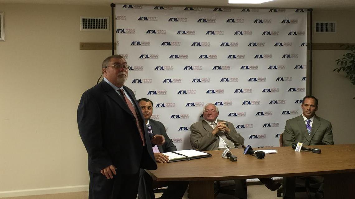 Arena Developmental League co-owner Skip Seda, from left, Lions public address announcer Eric Fowler, ADL commissioner John Gregory and ADL director of operations Chris Siegfried hold a news conference about the new league Thursday in Columbus.