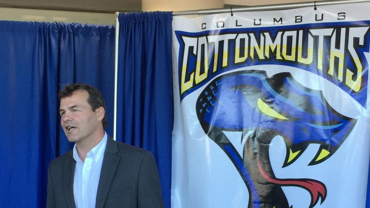 Columbus Cottonmouths general manager and coach Jerome Bechard speaks during a news conference to announce the team has a new logo on Tuesday.