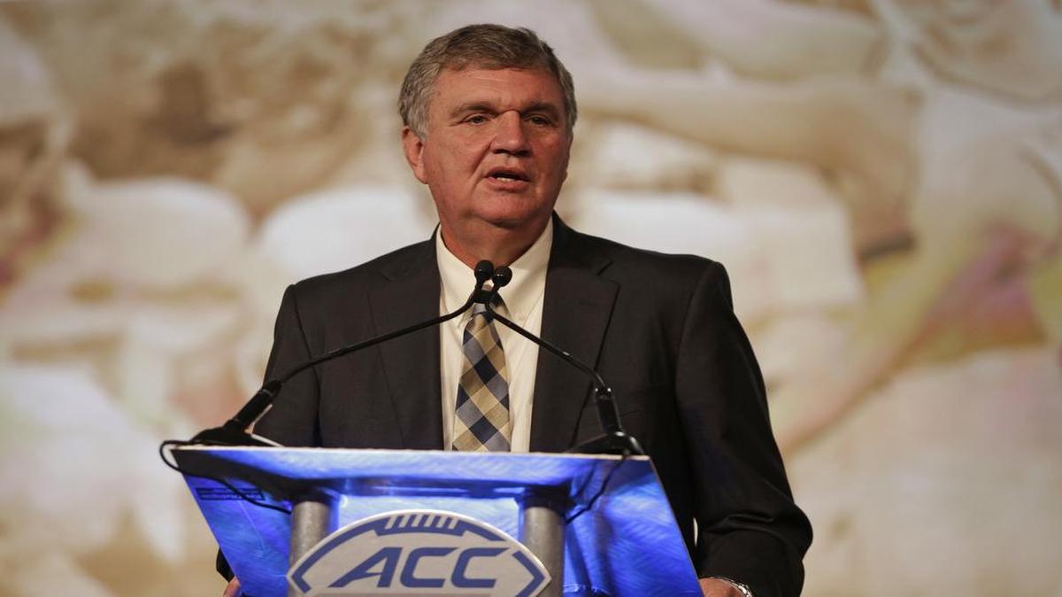 Georgia Tech coach Paul Johnson speaks Thursday during a news conference at the Atlantic Coast Conference Football Kickoff in Charlotte, N.C.