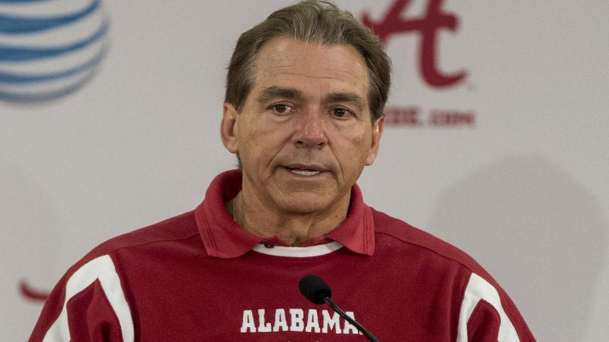 Alabama coach Nick Saban speaks about spring practice during an NCAA college football, Friday, March 11, 2016, at the Mal Moore Athletic Facility in Tuscaloosa, Ala.
