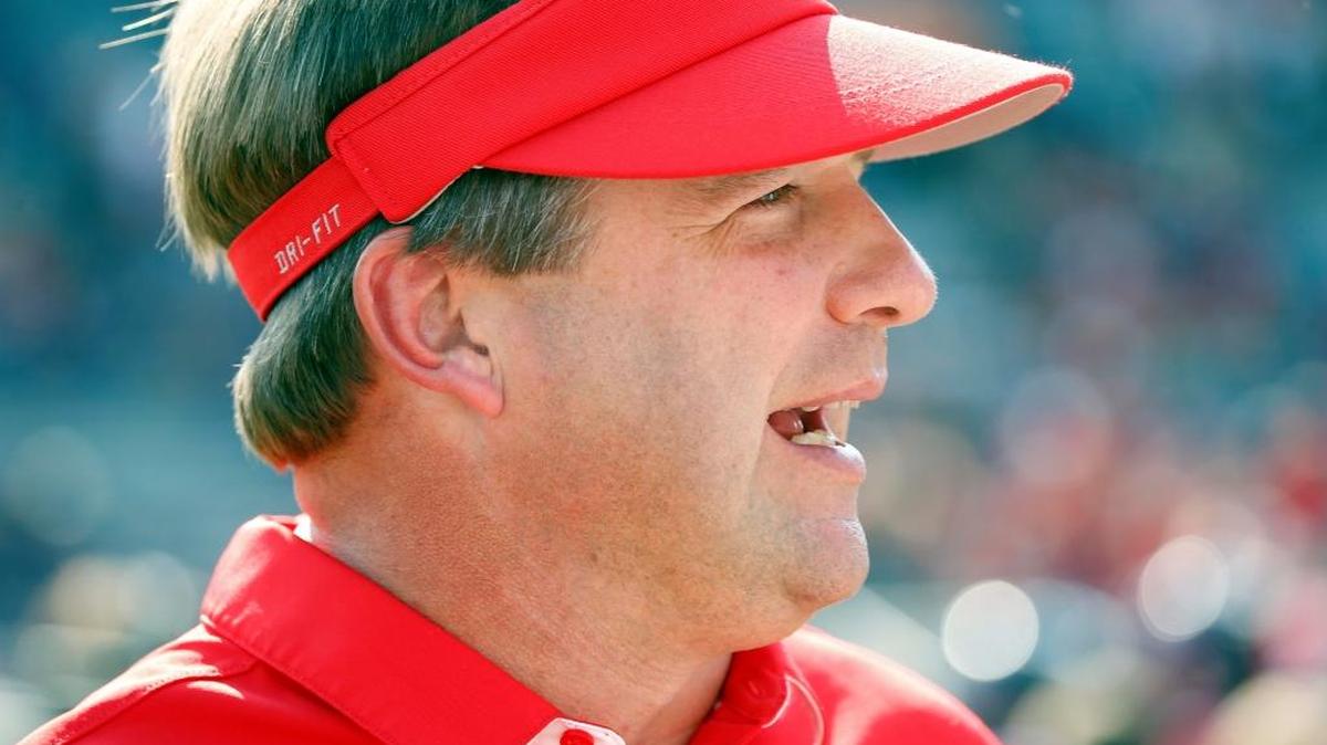 Georgia head coach Kirby Smart speaks with Mississippi head coach Hugh Freeze (out of frame) prior to their NCAA college football game, Saturday.