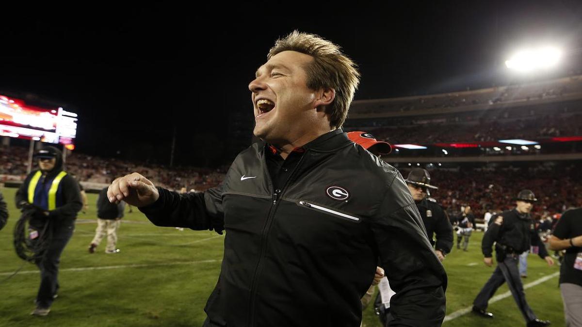 Georgia head coach Kirby Smart reacts as he leaves the field after defeating Auburn 13-7 in an NCAA college football game Saturday, Nov. 12, 2016, in Athens, Ga.
