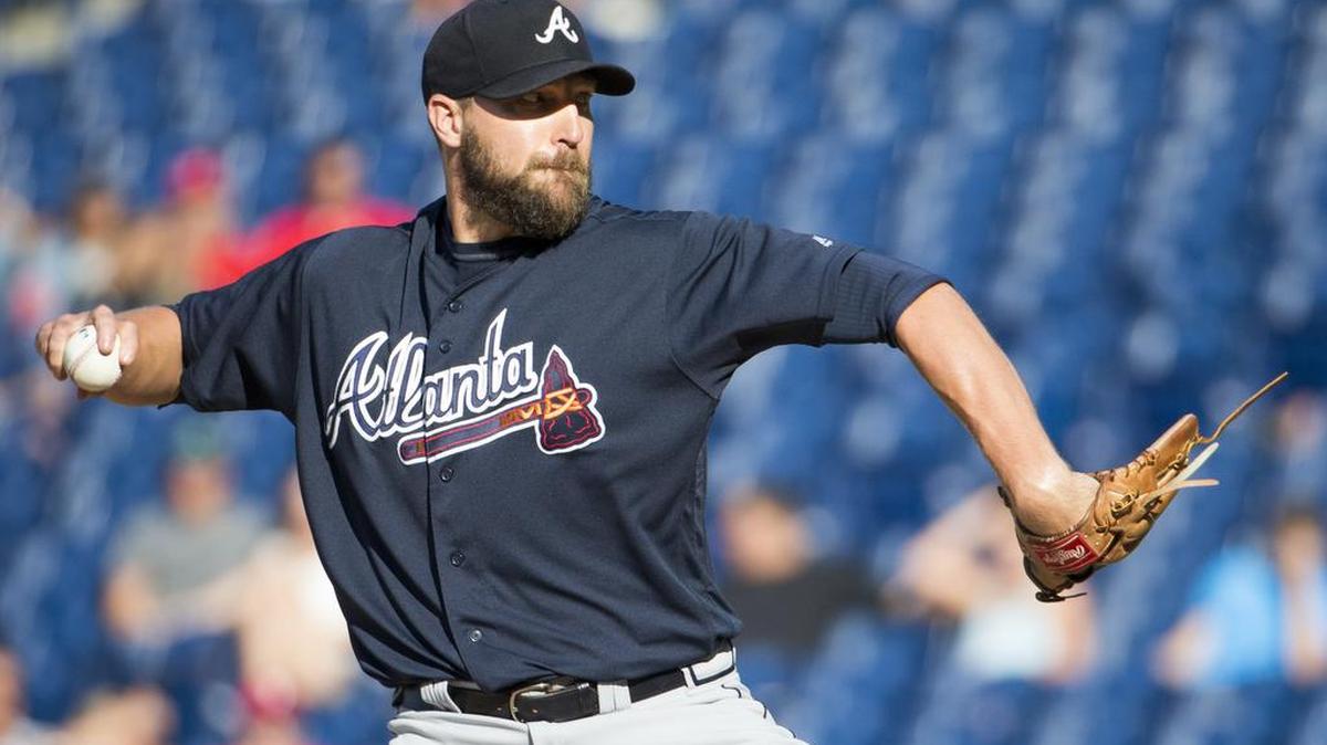 Atlanta Braves relief pitcher Jim Johnson throws a pitch during the ninth inning against the Philadelphia Phillies on Sept. 4 in Philadelphia. The Braves won 2-0.