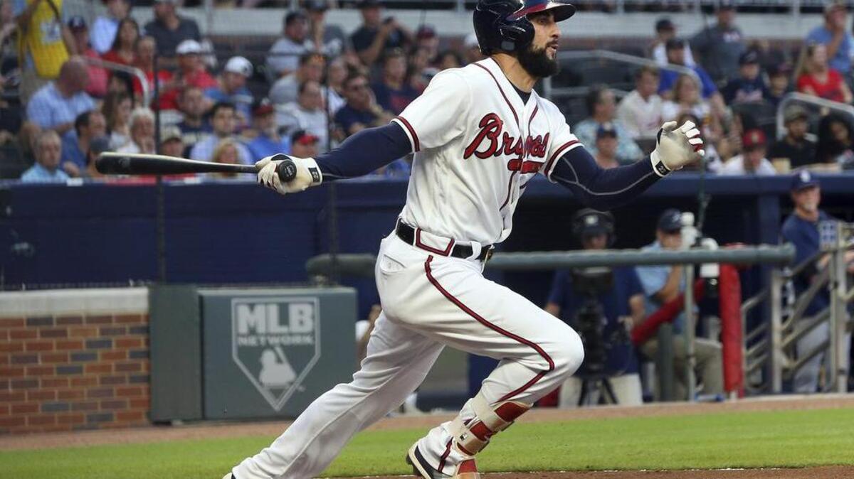 Atlanta Braves right fielder Nick Markakis (22) is shown in action against the San Diego Padres during a baseball game Thursday, June 14, 2018, in Atlanta. The Braves won 4-2. (AP Photo/John Bazemore)