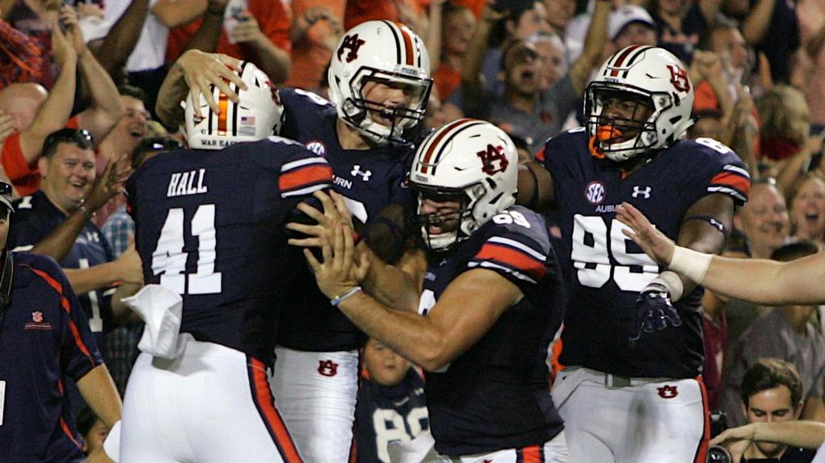 Auburn kicker Daniel Carlson celebrates scoring his first career touchdown against Arkansas St. Sept. 10, 2016 at Jordan-Hare Stadium.