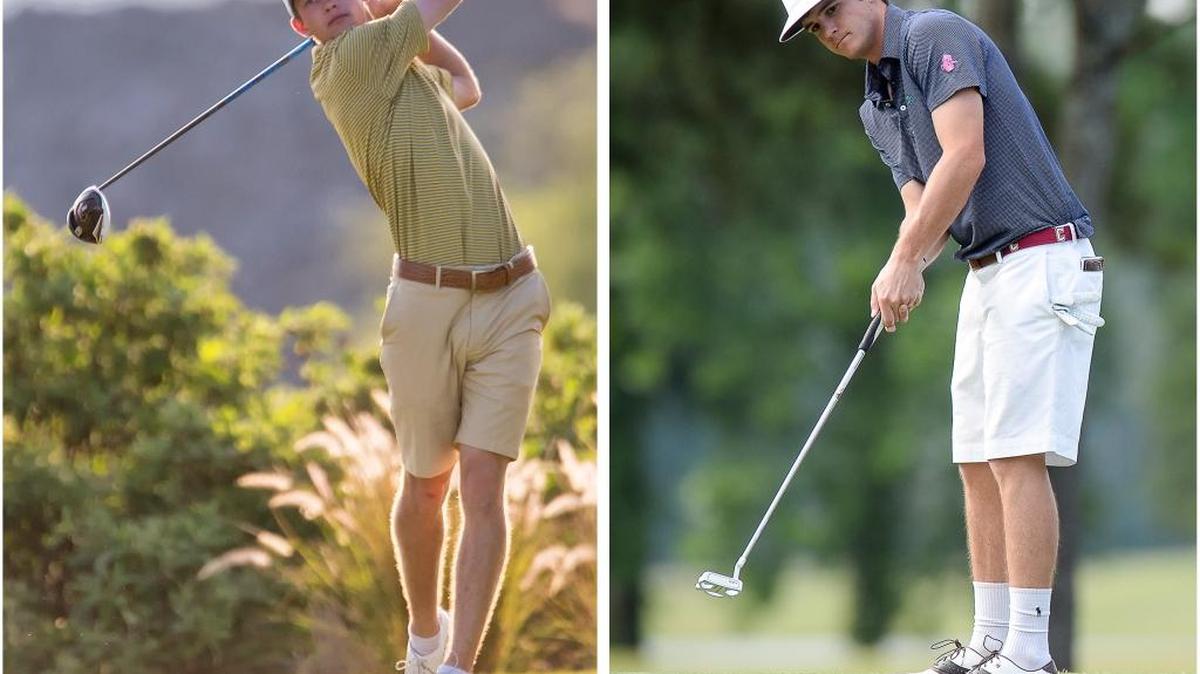 Two former Brookstone golfers, James Clark, left, and Parker Derby tee off in the U.S. Amateur on Monday.