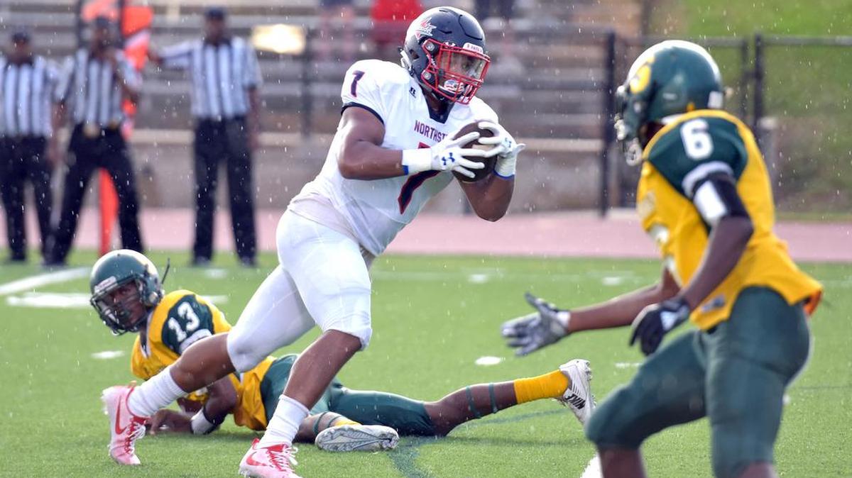 Northside's Caleb Johnson recovers the fumble by Spencer's Dy'Javius Nathan and carries it into the end zone for Northside's second touchdown of the game Thursday night at Kinnett Stadium, August 31, 2017