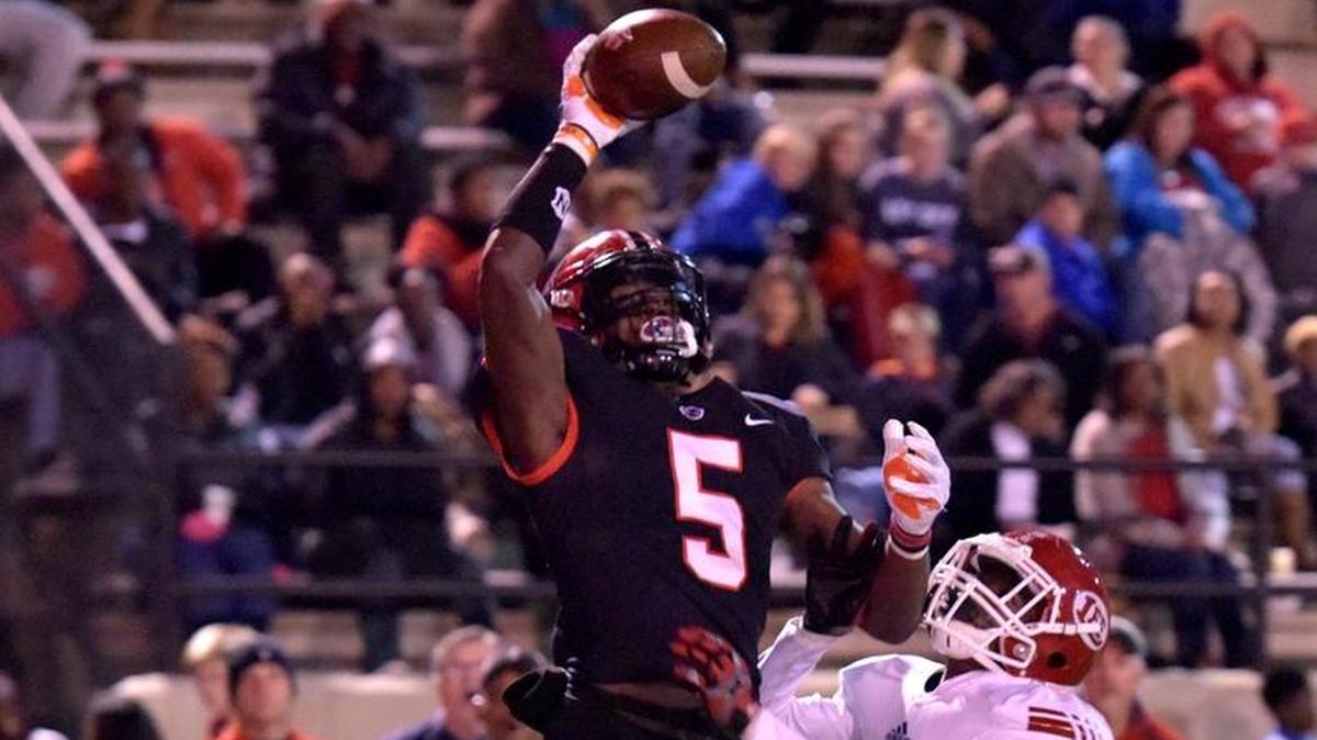 Central's Justyn Ross makes a one-handed catch in the end zone over Lee-Montgomery's Aaron Reynolds in the second quarter of the of the AHSAA football playoffs Friday night, November 17, 2017